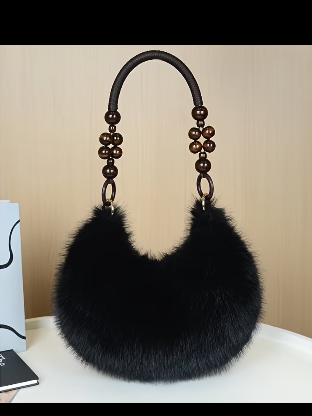 Affordable Fashion Finds Black Faux Fur Crescent Hobo With Beaded Handle